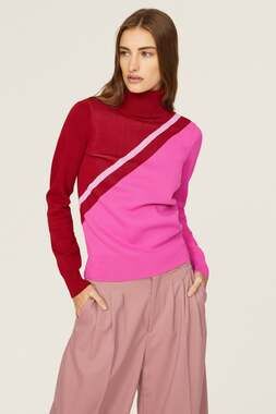 Saunders Sweater Large Pink Red Diagonal Colorblock Turtleneck Knit Mod Artsy